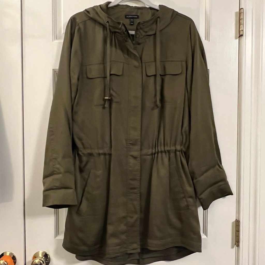 Eileen Fisher Utility Jacket With Drawstring & Hood -Olive- Size Med